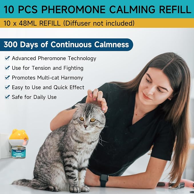 Woyamay Cat Calming Diffuser Refills - 10 Pack Cat Pheromones Calming Diffuser for Cat Anxiety Relief, Cat Pheromone Diffuser, 300 Days Pheromone Diffuser to Calm Cats, Fits All Common Diffuser Heads
