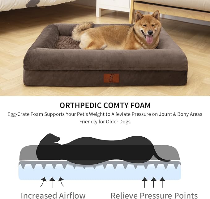 Medium Orthopedic Dog Beds, Large Waterproof Dog Bed with Removable Cover, 4-Sides Bolster Support Pet Soft Sofa, Washable Pet Beds for Large Dogs, Brown