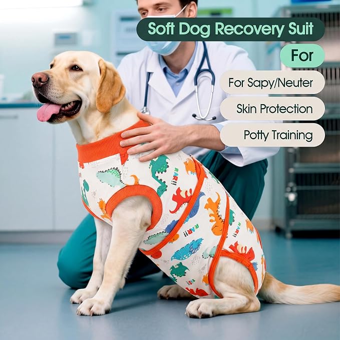 Kuoser Dog Surgery Recovery Suit, Soft Breathable Dog Recovery Suit for Female Spay Male Nueuter, Anti Licking Puppy Onesie Pet Surgical Suit for Dogs Abdominal Wounds Skin Disease, Dinosaur 2XL