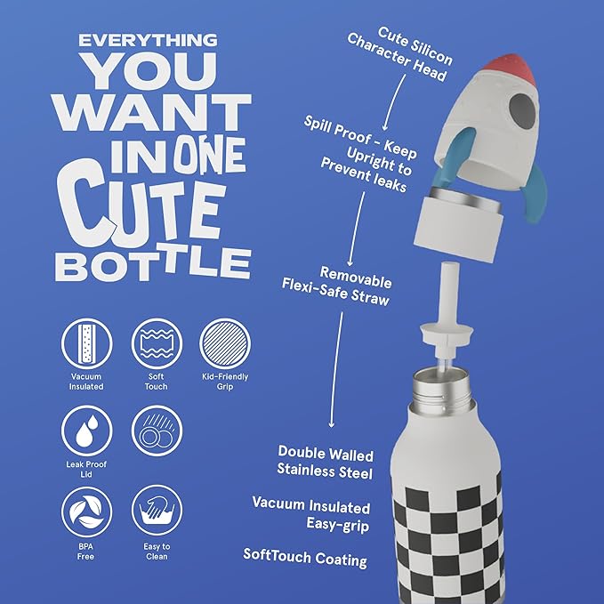 asobu Bestie Bottle Insulated Stainless Steel Water Bottle with Detachable Soft Animal Head Fun Drinking For Kids and Teens with Flexible Reusable Straw 16 Ounce