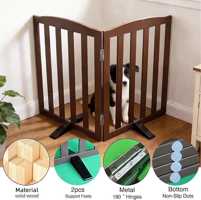 ZJSF Foldable Freestanding Indoor Dog Gate for House Wood Long Pet Gates Dog Fence for Stairs Puppy Gates for Hallways, Puppy Gate,Support Feet Included, Brown, 32 "Height-2 Panels