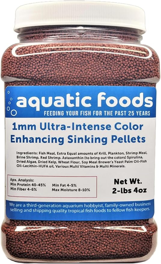 1mm - 1/32" Ultra-Intense Red Color Enhancing Sinking Pellets for Shrimp, Snails, Plecos, Catfish, Bottom Fish, Small Discus, Cichlids, All Tropical and Pond Fish…2-lb 4oz Med Jar
