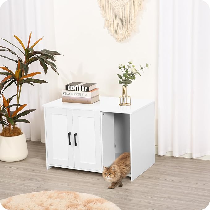 DWANTON Litter Box Enclosure, Cat Litter Box Furniture Hidden, with Scratching Mat, Wooden Cat Washroom Indoor, 31.5" L x 19.7" W x 21.7" H, White