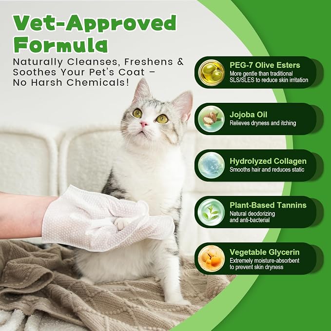 Pet Glove Wipes for Dogs & Cats, 32 Individually Wrapped Packs, Safe for Sensitive Skin, Quick Deodorizing, Loose Hair Removal, Full Body Grooming for Fur, Paws, Eyes & Ears, Bath & Travel