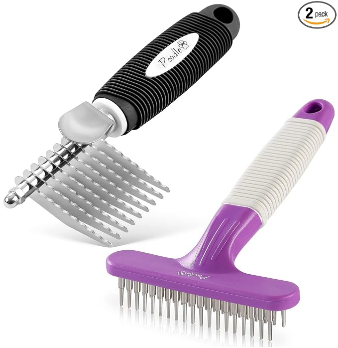 Poodle Pet Dog Grooming Rake + Dematting Comb Black Bundle