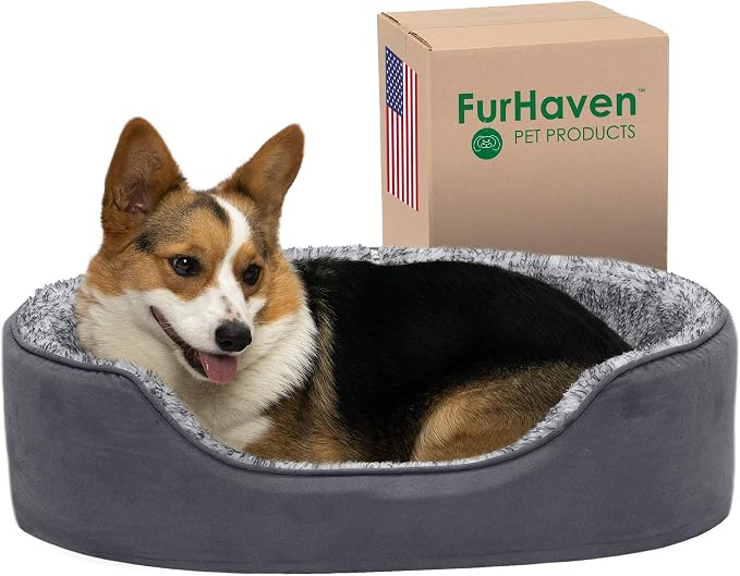 Furhaven Dog Bed for Large/Medium Dogs w/ Removable Washable Cover & Pillow Cushion Insert, For Dogs Up to 30 lbs - Two-Tone Faux Fur & Suede Oval Lounger - Gray, Large