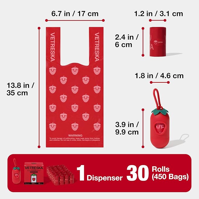 VETRESKA Dog Poop Bags with Handles 450 Count, Strawberry Scented Waste Bags, Leak-Proof Thick Dog Bags for Poop, Easy-Tie Large Poop Bags, 30 Refill Rolls with 1 Dispenser for Dog Walking Cat Litter