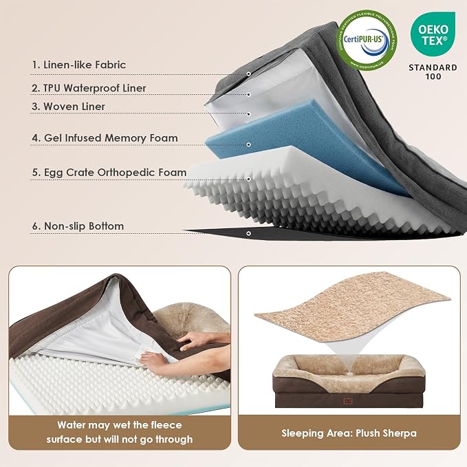 EHEYCIGA Orthopedic Dog Bed for Large Sized Dog, 36x27 Inch Large Memory Foam Dog Couch Bed with Sides, Waterproof Liner & Washable Removable Cover, Bolster Pet Sofa, Brown