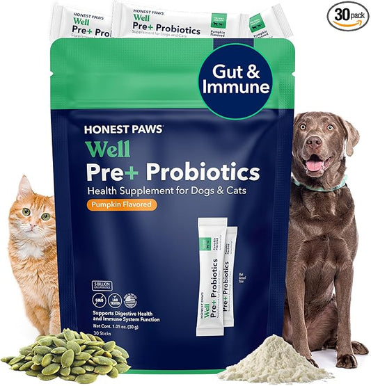 Honest Paws Probiotics for Dogs - Dog Digestion Gut Health Probiotic Powder with Prebiotic Made in The USA, Digestive and Immune Support - Digestive Enzymes with Pumpkin Flavor (30 Sticks)