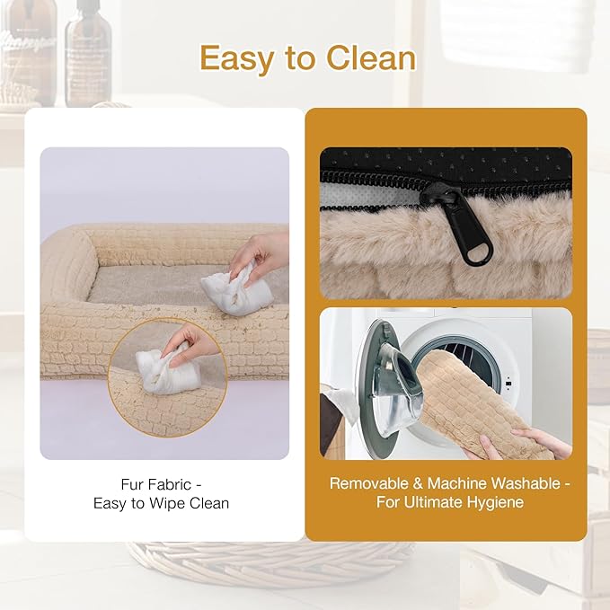 Plush Orthopedic Dog Bed for Medium Large Dogs, Memory Foam Bolster Sofa Bed with Removable Washable Cover, Waterproof Lining & Non-Slip Bottom (Tan-L)