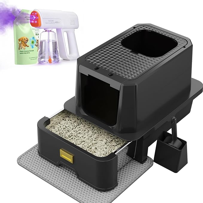 RIZZARI Stainless Steel Cat Litter Box with Lid, Extra Large Enclosed Metal Litter Box with Drawer & Deodorizer Spray, High Sided Top Entry Odor Control Design for Cats, Apartments & Multi-Cat Homes