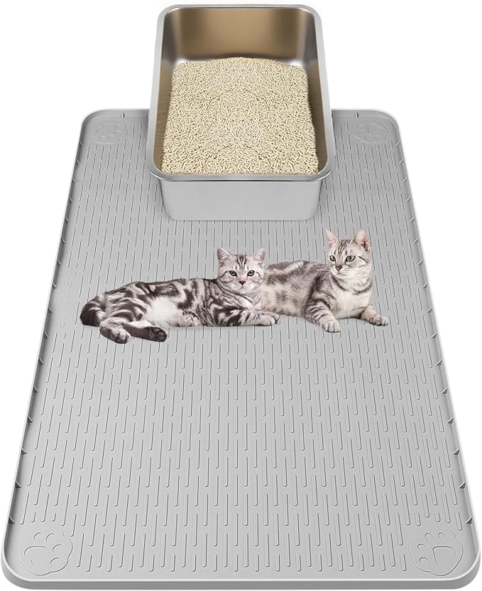 Kalolary Cat Litter Box Mats, Large 34" x 22" Silicone Cat Mat, Easy to Clean Kitty Litter Trapping Mat, Soft on Kitty Paws, Waterproof, Urine-Proof Kittys Litter Mats for Floor, Light Grey