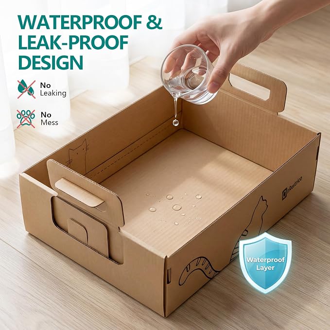 3-Pack Large Disposable Cat Litter Box, Recyclable Cardboard, Waterproof & Leak-Resistant, Portable for Travel, Temporary and Home Use