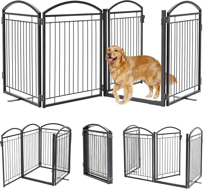 Full Metal Free Standing Dog Gate with Door for Outdoor Indoor,96'' Extra Wide 32'' Tall Dog Gate for The Doorways,Large Openings,Decks,Porch,Pet Freestanding Safety Fence(4 Panels,Black)