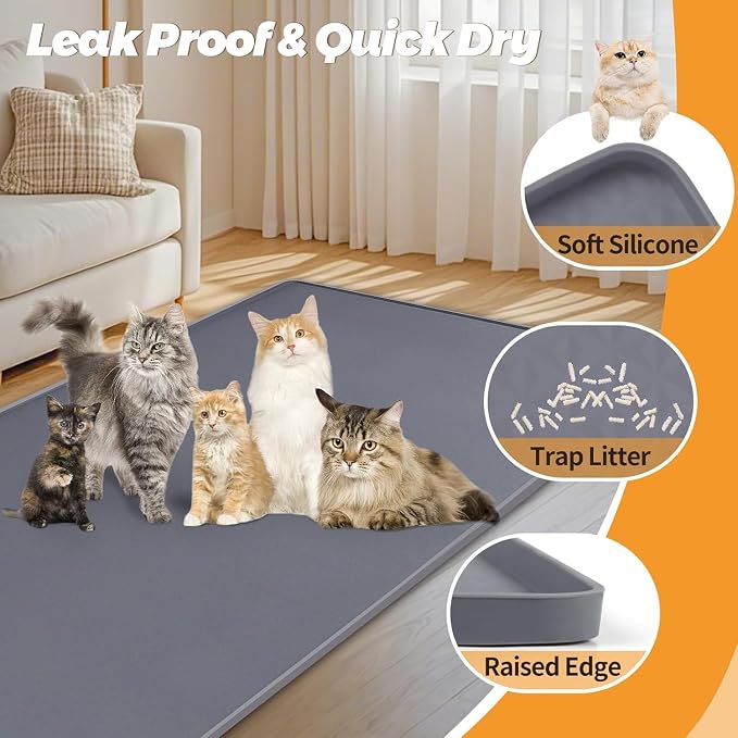 Kalolary Cat Litter Mats, 51" x 25.6" Extra Large Silicone Cat Mat for Litter Box, Easy to Clean Kitty Litter Trapping Mat, Soft on Kitty Paws, Waterproof, Urine-Proof Kitty Litter Mats for Floor,Grey