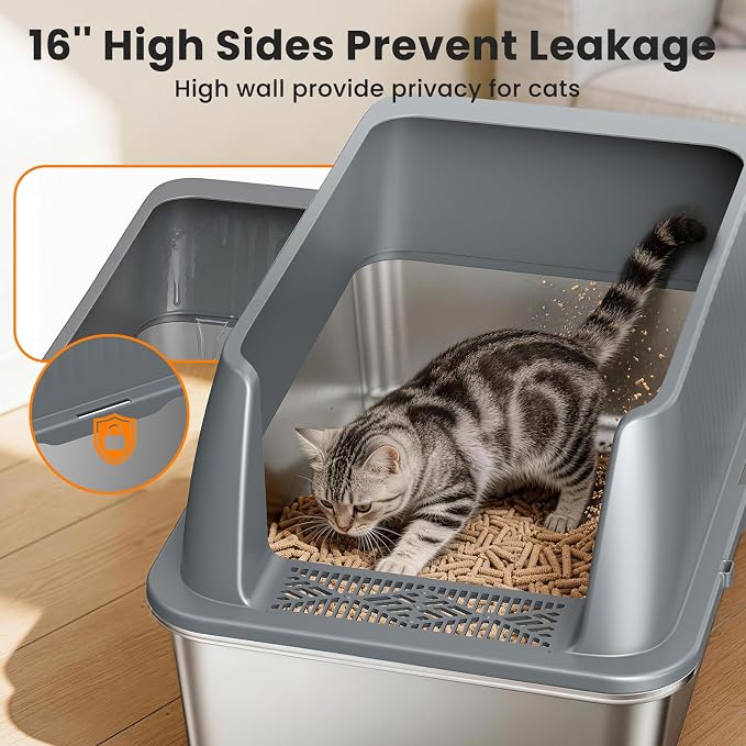 XXL Stainless Steel Sifting Litter Box with Lid,Sifting Cat Litter Box for Wood Pine Pellets,16''High Sides Sifter Litter Pan System,Odor Control,Easy to Clean,with Liners and Scoop