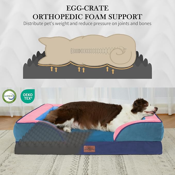 Comfort Expression Orthopedic Dog Bed for Extra Large Dogs 45x35 Inch, Waterproof Egg Crate Foam XL Pet Bed with Bolsters, Dog Couch with Washable Cover & Non-Slip Bottom, Enchanted Cove