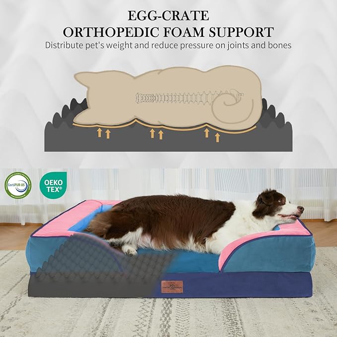 Comfort Expression Orthopedic Dog Bed for Large Dogs 36x27 Inch, Waterproof Egg Crate Foam Large Pet Bed with Bolsters, Dog Couch with Washable Cover & Non-Slip Bottom, Enchanted Cove