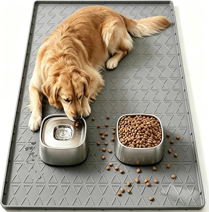 Large Silicone Dog Food Mat with Raised Edge, Waterproof Non-Slip Pet Feeding Mat for Floors, Dog Bowl Mat for Food and Water, Spill Proof Cat & Dog Feeding Placemat, Easy Clean, 34 x 22, Gray