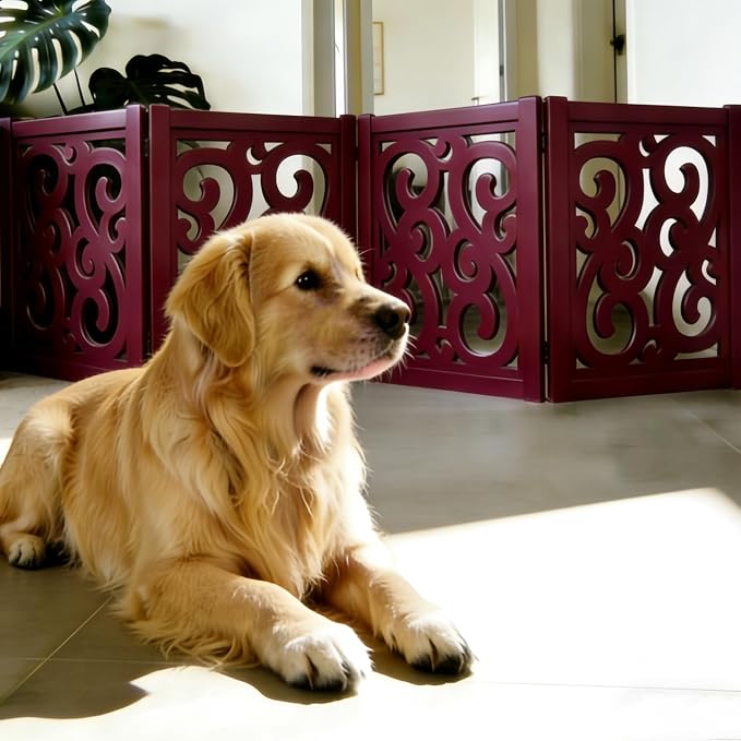 Ashfield & Harkness: 4-Panel Pet Gate - Scroll Mahogany - Wooden Foldable Freestanding Dog Fence, 80 x 23.5, Doorway-Halls-Stairs, 360 Rotated Hinges
