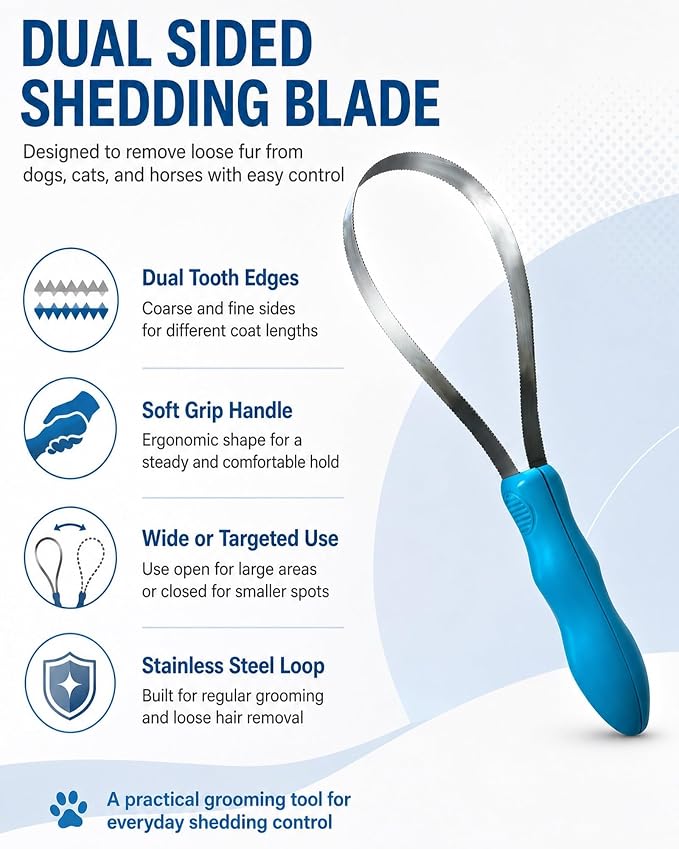 Dual Sided Shedding Blade for Cats & Dogs, Dual-Sided Stainless Steel Grooming Tool for Heavy Shedding & Undercoat Removal, Adjustable Handle for Double-Coated Breeds, Horses & Livestock (4Double Lap)