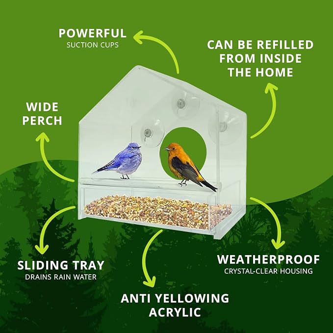 Nature Gear Window Bird Feeder with Strong Suction Cups, Clear Acrylic Window Mounted Bird Feeder, Removable Sliding Tray, Weather-Resistant, Durable, Squirrel-Resistant, House Style