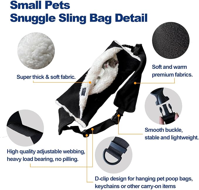 Adjustable Fluffy Bearded Dragon Sling Carrier Bag, Reptile Carrier with Leash Harness Lizard Cage Accessories for Small Animal, Ferrets, Squirrel, Hamsters,Parrot (Black)