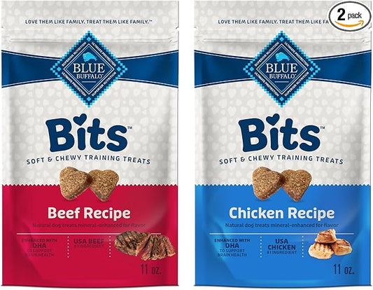 Blue Buffalo Bits Soft Dog Treats for Training, Made with Natural Ingredients & Enhanced with DHA, Chicken & Beef 19-oz Variety Pack, 2 ct