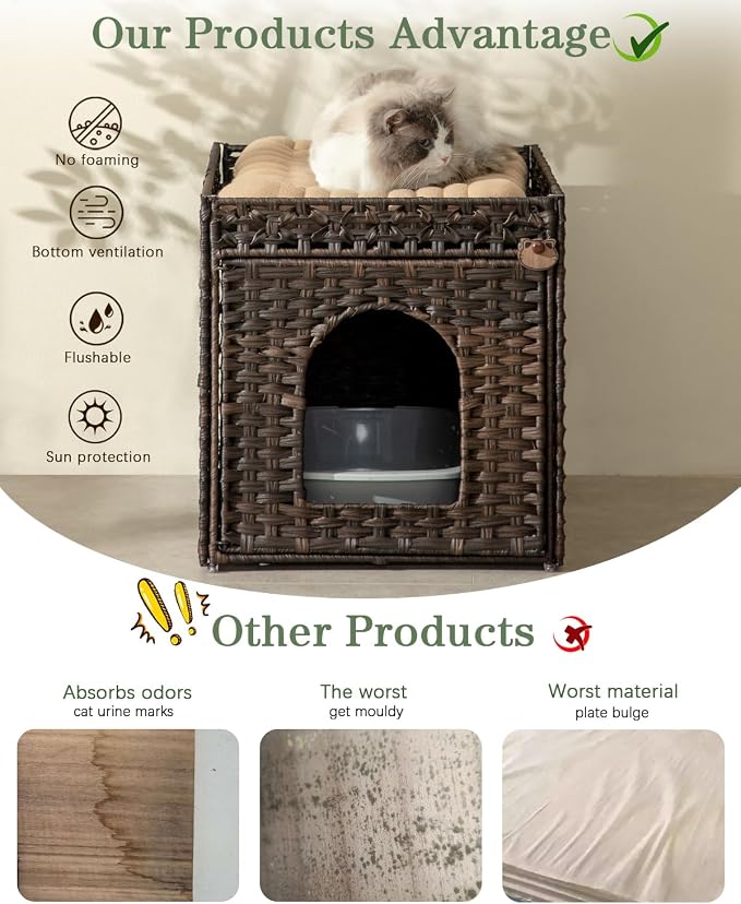 SETVSON Cat Litter Box Enclosure Furniture, Hidden Litter Box with Mat and Fence, Handwoven Rattan Cat House with Two S-Shaped Hooks for Living Room, Bedroom, 18.5 x 20.5 x 19.1 Inches (Brown)