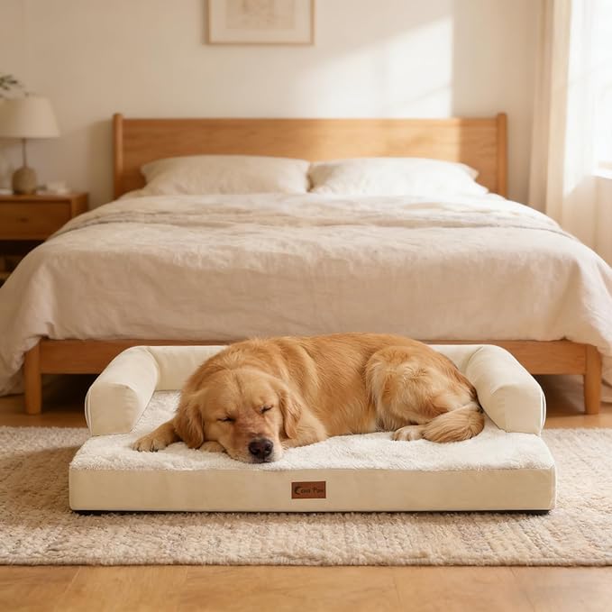 Orthopedic Dog Beds for Large Medium Sized Dogs, Waterproof Egg Crate Foam Large Dog Couch Beds with Comfy Bolster 36x27Inch, Washable Pet Beds with Removable Cover, Beige