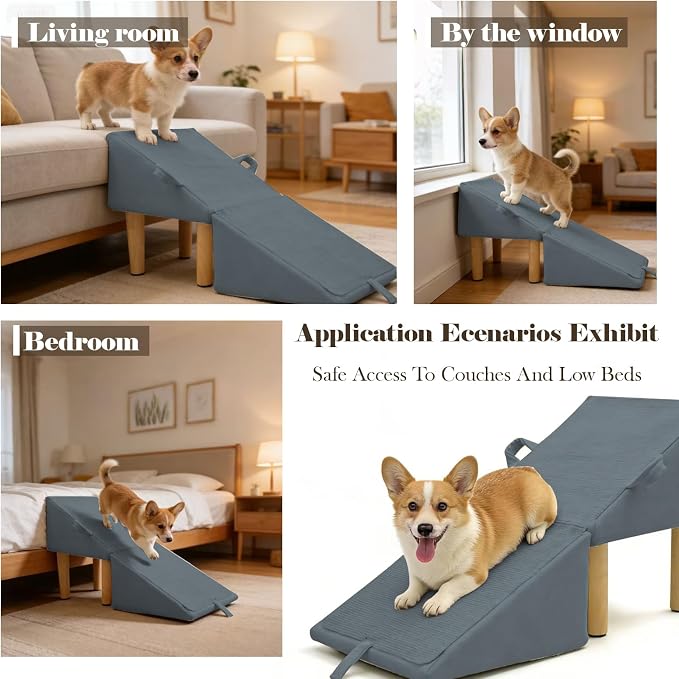 Split Ottoman Dog Ramp for Couch and Low Bed, 2-in-1 Foldable Dog Stairs for Small Dogs and Cats, Wooden Pet Ramp with Non-Slip Surface, Portable Step Stool Design, Gray