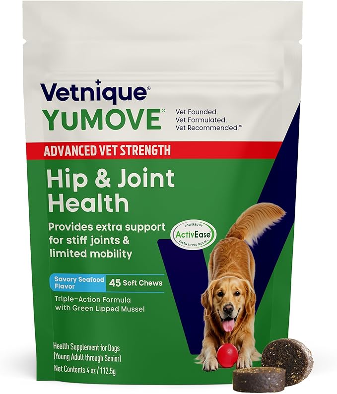 YuMOVE Advanced Vet Strength Hip & Joint Supplement for Dogs - ActivEase Green Lipped Mussel, Glucosamine, Hyaluronic Acid & Omega 3 for Serious Mobility Support (45ct Chews, Advanced Strength)