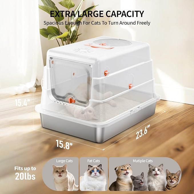 Stainless Steel Cat Litter Box with Lid, Extra Large Enclosed Metal Litter Pan with High Sides, Full Flip Cover Litter Box for Large Cat, Include Scoop & Step, Leak Proof Easy Clean Odor Control,White