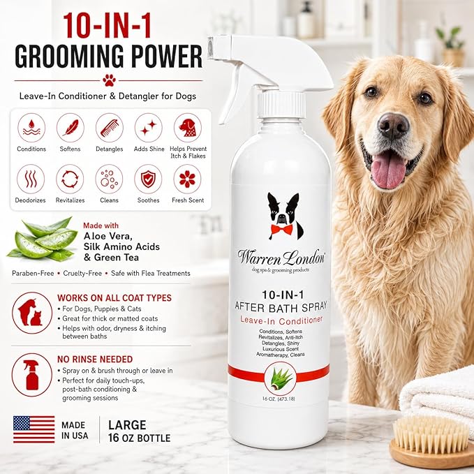 Warren London 10-in-1 After Bath Dog Spray | Dog Leave in Conditioner and Detangler | Pet Grooming Spray with Aloe Vera, Silk Amino Acids and Green Tea Extract | Made in USA | 1gal