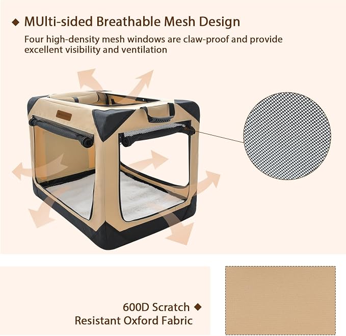 Garnpet 36 Inch Collapsible Soft Dog Crate for Large Dogs, 4-Door Foldable Travel Dog Kennel with Durable Mesh Windows for Indoor & Outdoor Portable Pet Crate, Soft Side Dog Crate, Beige