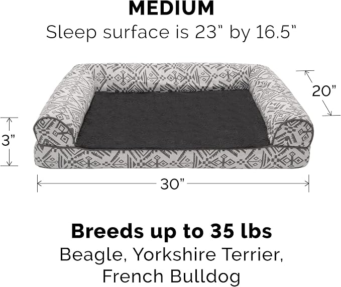 Furhaven Cooling Gel Dog Bed for Medium/Small Dogs w/ Removable Bolsters & Washable Cover, For Dogs Up to 35 lbs - Plush & Southwest Kilim Woven Decor Sofa - Boulder Gray, Medium