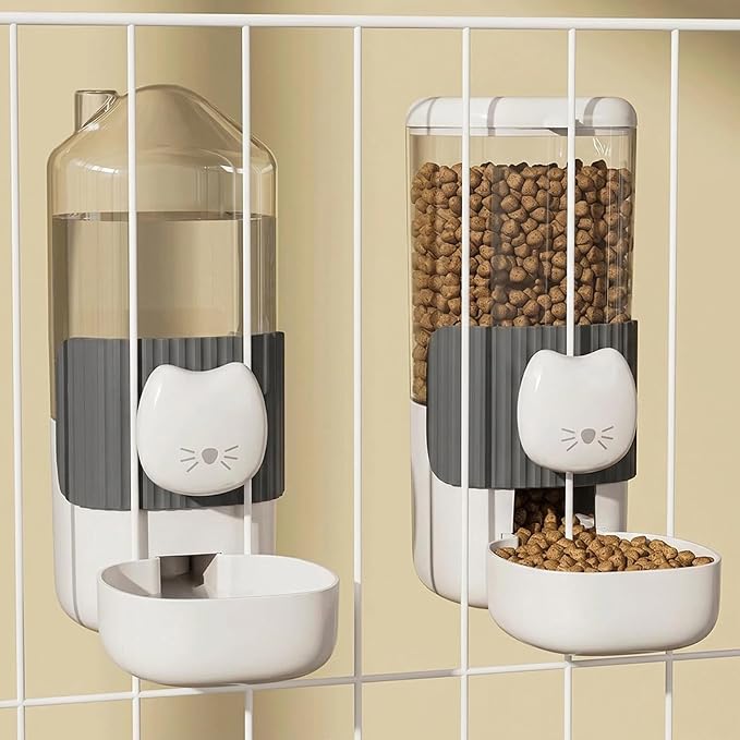 Hanging Automatic Food and Water Dispenser for Rabbit, Guinea Pig, Ferret, Bunny Cage Accessories, Feeder Bottle Combo (Grey)