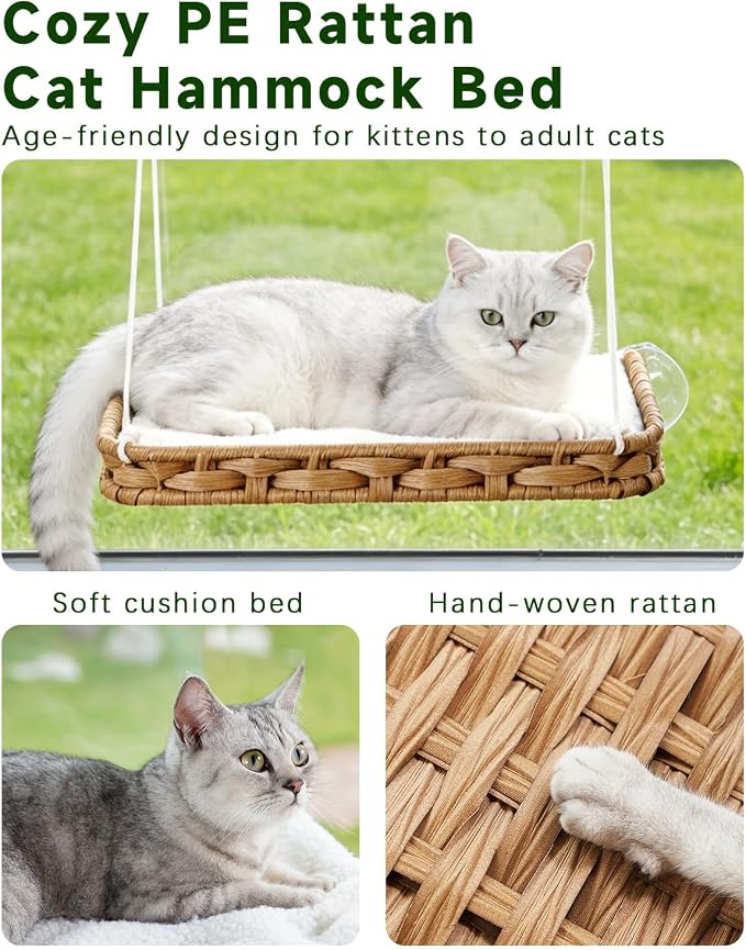 SETVSON Cat Window Perch 2-in-1 Cat Window Hammock Bed & Wall Shelves, Large Handwoven PE Rattan Kitty Seat, 4 Suction Cups,Double Sided Washable Cushion Bed, 2.3 Inch Fence Shelf, Pet Kittens Natural