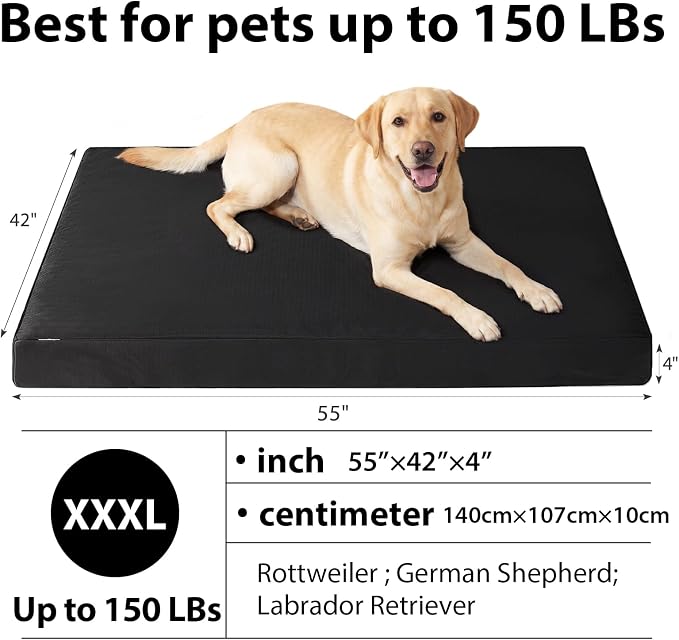 RRPETHOME 4" Indestructible Chew Proof Dog Beds for Aggressive Chewers,Durable Waterproof Fabic Chew Resistant Crate Dog Bed for Puppy Teething & Active Dog, Orthopedic Egg Foam（Black 55x42x4）