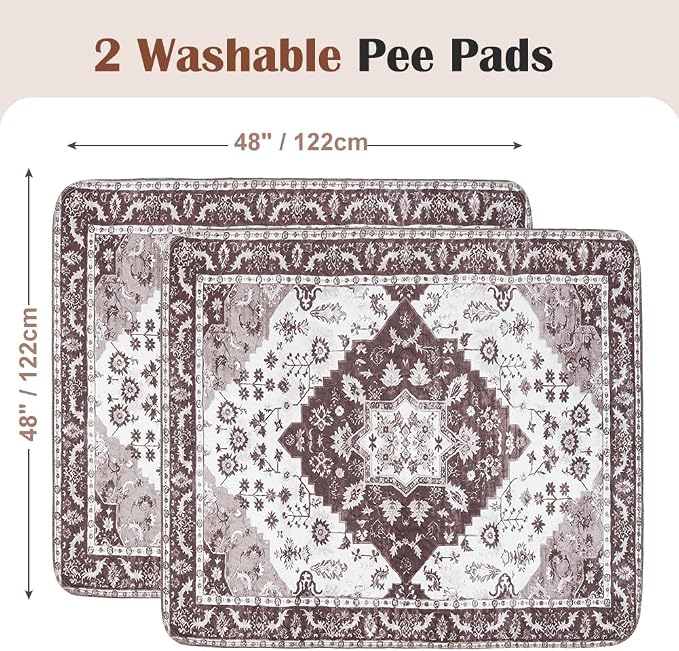 Washable Pee Pads for Dogs 2 Pack Reusable Puppy Training Pads 48"x48" Super Absorbent Waterproof Dog Training Pads, Non-Slip Potty Pads Whelping Pads Litter Mat Pet Supplies - Brown Medallion