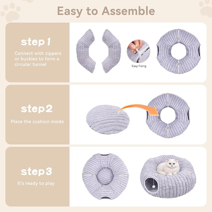 Cat Tunnel Bed Cave - Soft Washable Cushion for Indoor Cats, Peekaboo Hideaway Cave for Indoor Cats, Kittens, Puppies, Rabbits, Luxurious Striped Hare-Feel Fabric, Tunnels for Indoor Cats Large(Grey)