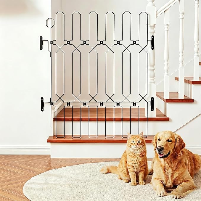 Metal Telescopic gate, 45 inches Wide and 35 inches high, is a Safe pet gate Suitable for Front Doors, RVs, doorways, etc., and is Easy to Install.
