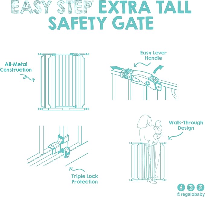 Regalo Safety 36” Extra Tall Baby Gate for Doorways & Bottom of Stairs, Pressure Mounted Baby Gate with Door for Babies, Toddlers & Pets, Tested & Safe, American Designed and Owned, Platinum