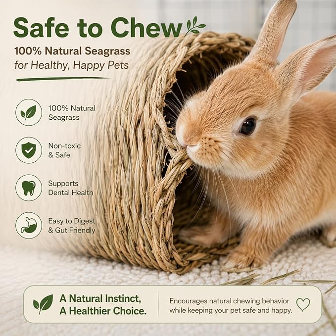 PEMAR Natural Seagrass Bunny Tunnel - Handwoven Rabbit Hideaway & Edible Grass House - Safe Chew Toy, Bed for Guinea Pigs, Chinchillas, Rats & Indoor Bunnies - Small Animal Enrichment (9x8.3x6.3”)