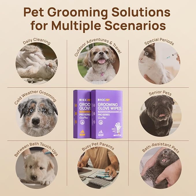 HICC PET Glove Wipes Pro Series for Dogs & Cats, Extra Thick Dual-Textured Grooming Wipes, Rinse-Free Shampoo Mittens for Quick Cleaning & Deodorizing, Perfect for Travel, Portable 6 Pack-Unscented