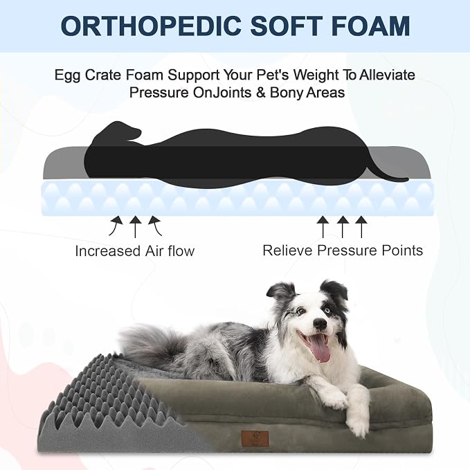 Medium Orthopedic Dog Beds, Large Waterproof Dog Bed with Removable Cover, 4-Sides Bolster Support Pet Soft Sofa, Washable Pet Beds for Large Dogs, Olive Green