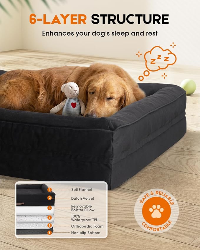 Upvilla Large Orthopedic Dog Bed, Four-Sided Cushioned Egg-Shaped Foam Dog Sofa, Waterproof Removable Cover, Pet Sofa Bed with Non-Slip Base, Large Pet Bed,Black
