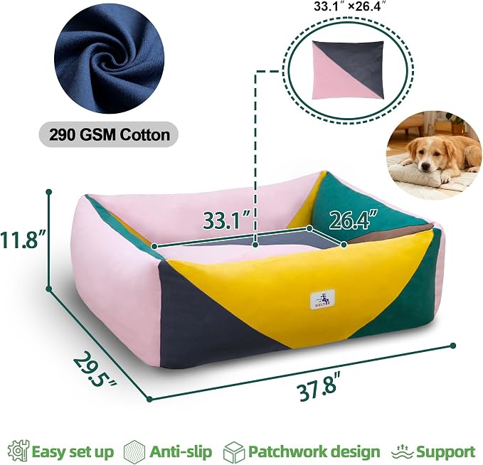 Cotton Canvas Dog Bed, Dog Beds Large Sized Dog, Orthopedic Bed with Washable Removable Cover Durable 290 GSM Cotton Anti-chewing Pet Bed with Anti-Slip Bottom (38"x30"x12", Pink&Yellow&Green)