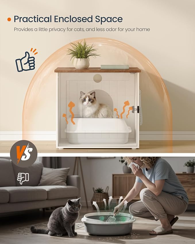 SONGMICS Home Cat Litter Box Enclosure, Snapsemble Superfast Assembly, Litter Box Cabinet, Double Latches, Hooks, Cat House, 21.7 x 19.7 x 19.7 Inches, Rustic White and Honey Brown PCL234WJ03S