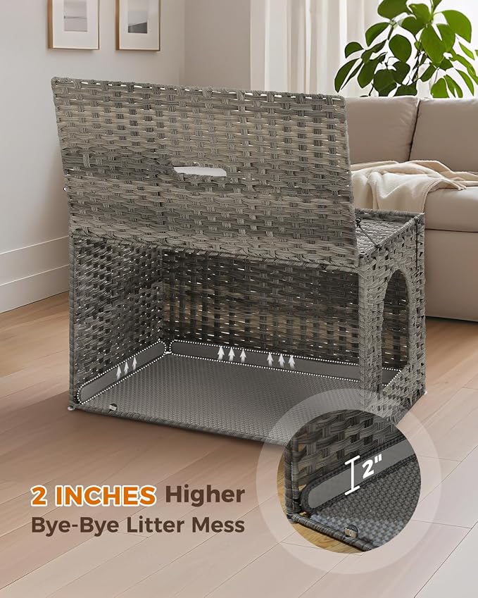 MUTTROS Rattan Cat Litter Box Enclosure - Extra Large Hidden Litter Box Furniture by Handwoven Wicker with Taller Doorway & Raised Edge Mat-Cat House Cabinet for Large Cats Indoor Odor Control, Gray